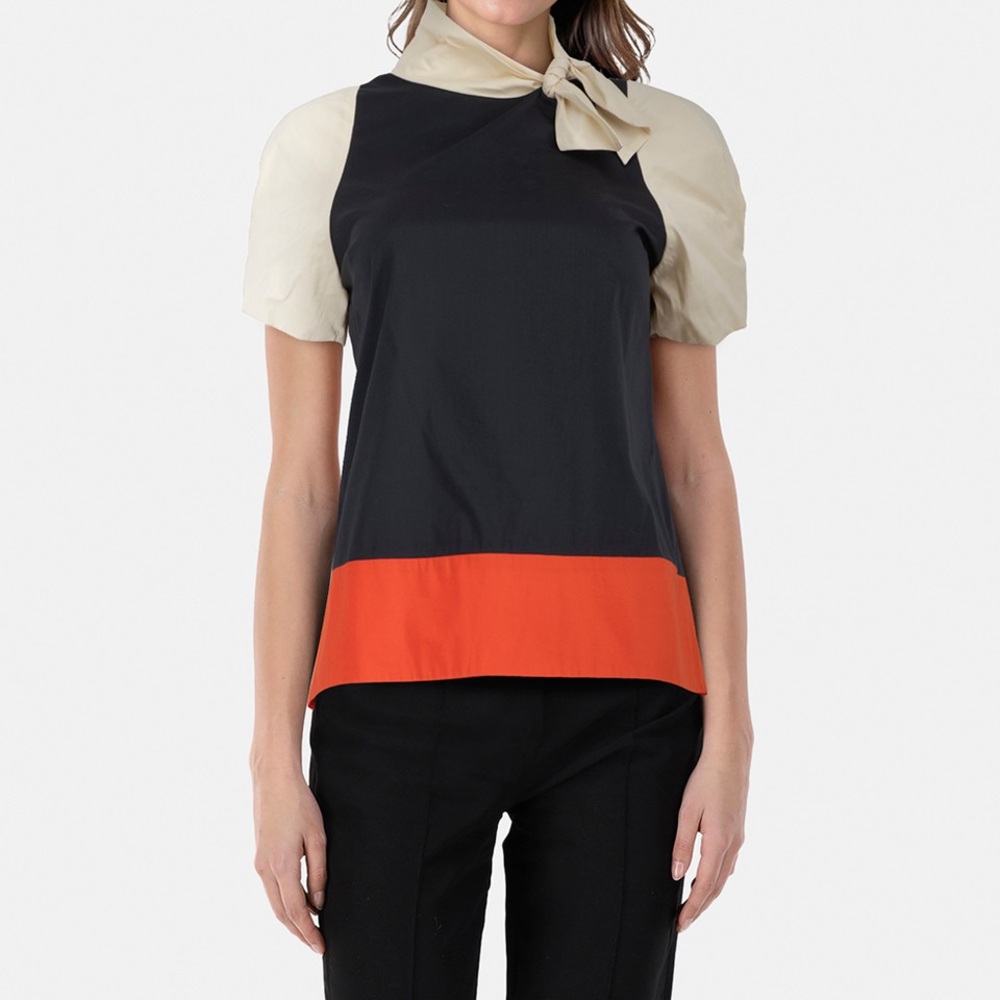 SOLD BCBGMaxAzria Black, Cream & Orange Colorblock Tie-Neck Blouse